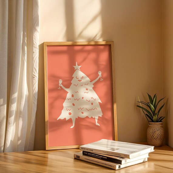 Whimsical Dancing Christmas Tree Champagne Coral Holiday Poster