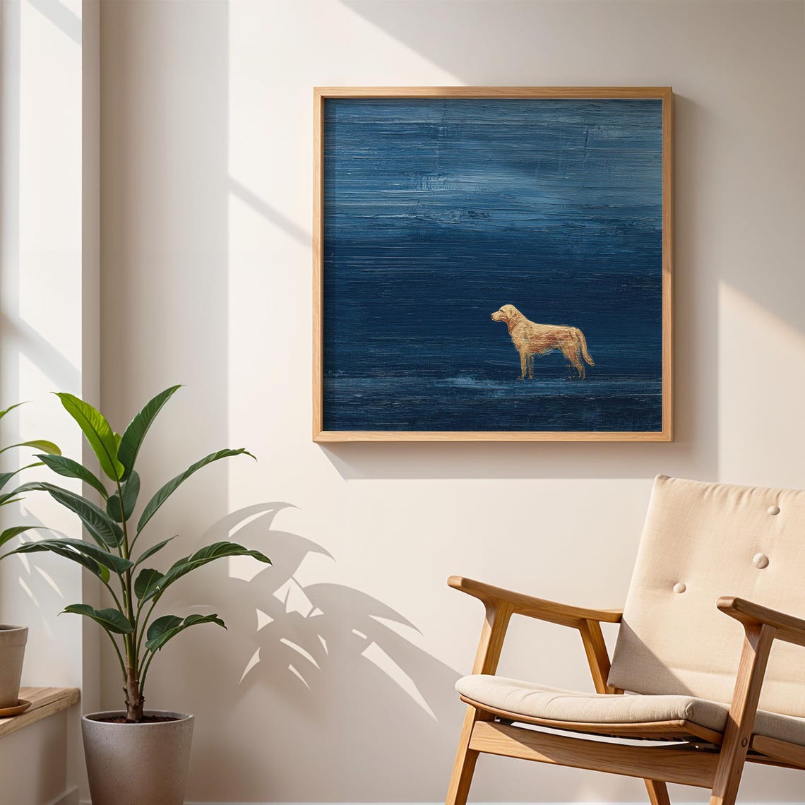 Minimalist Golden Retriever Standing on Deep Blue Textured Art Print