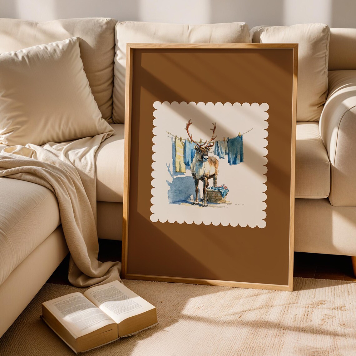 Cinnamon Brown Reindeer Laundry Day Whimsical Christmas Watercolor Poster