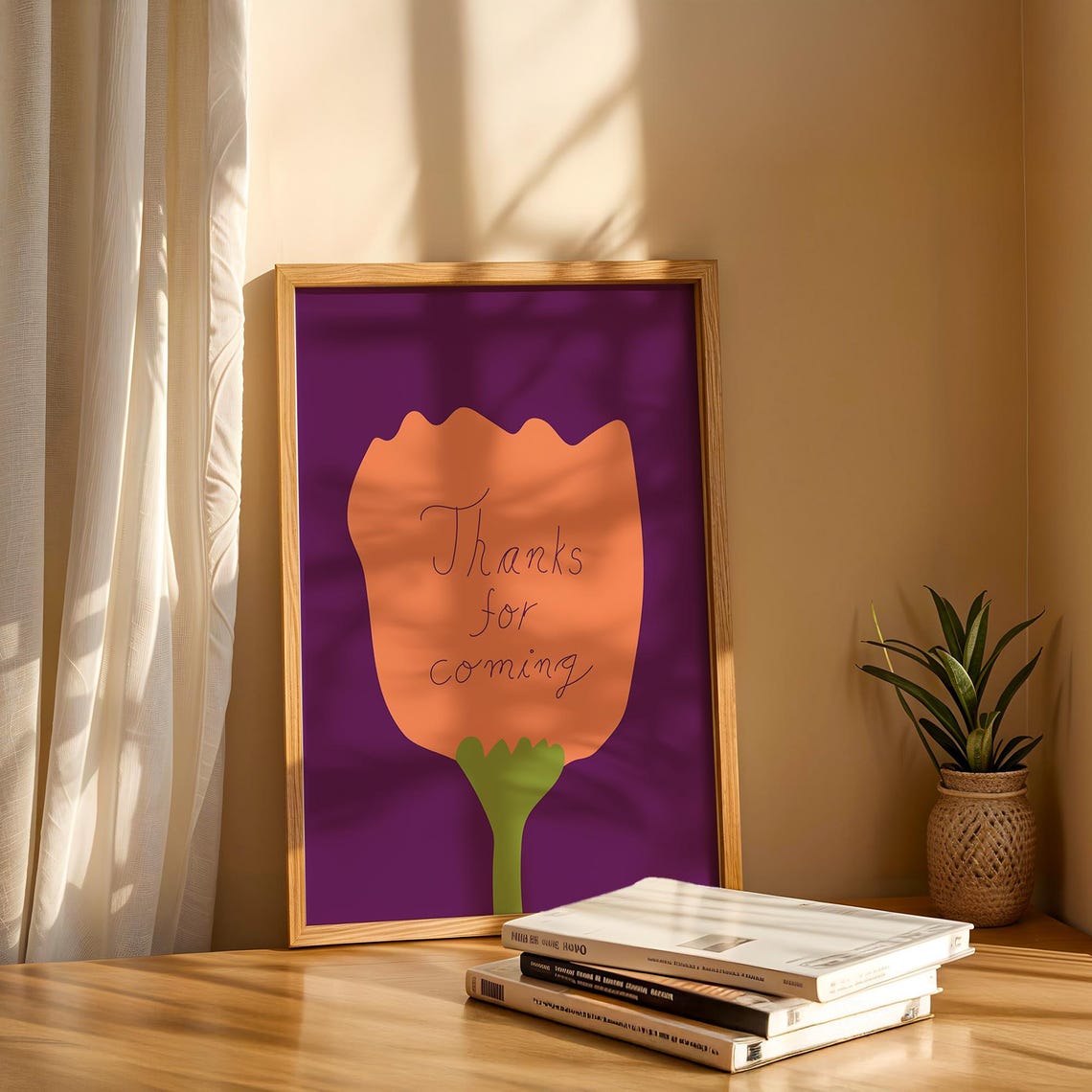 Thanks For Coming Orange Tulip Purple Bold Floral Script Art Poster