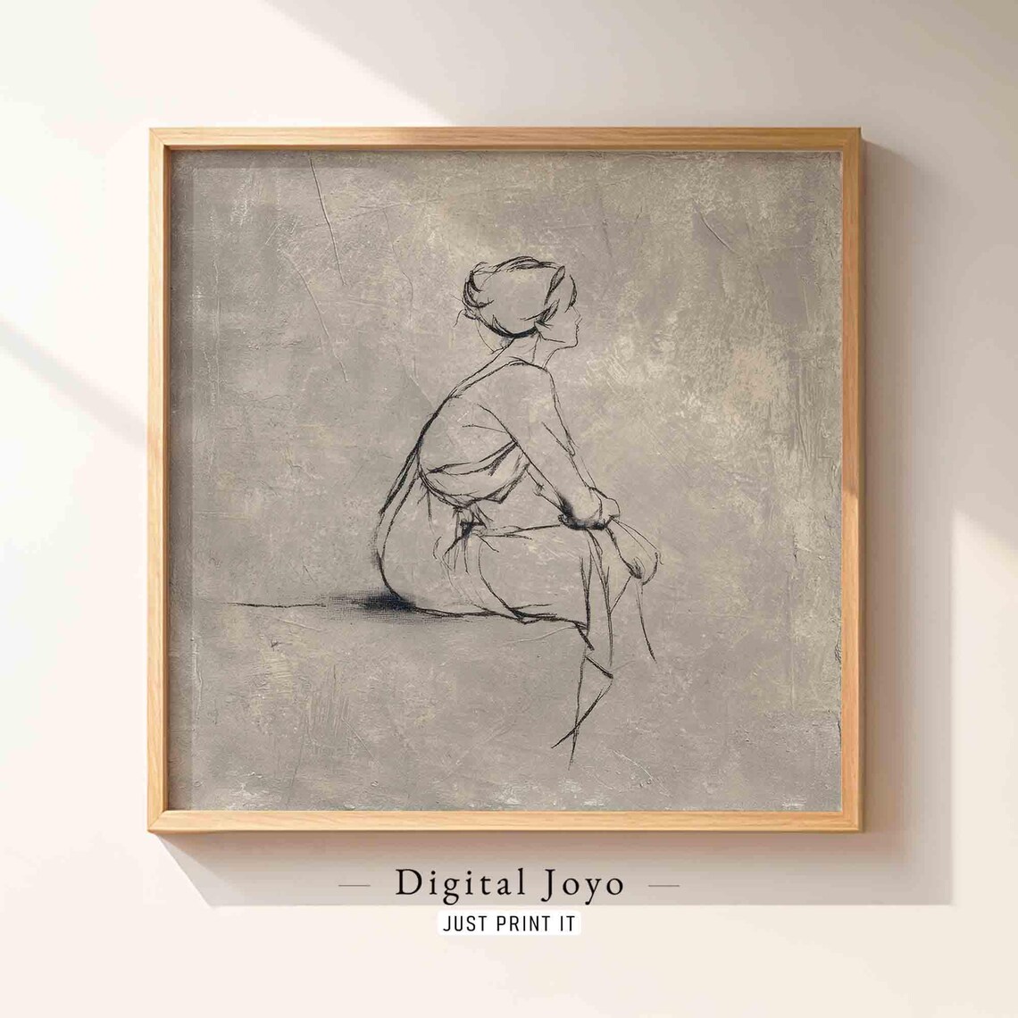 Sideprofile Line Drawing Of Woman On Grey Beige Art