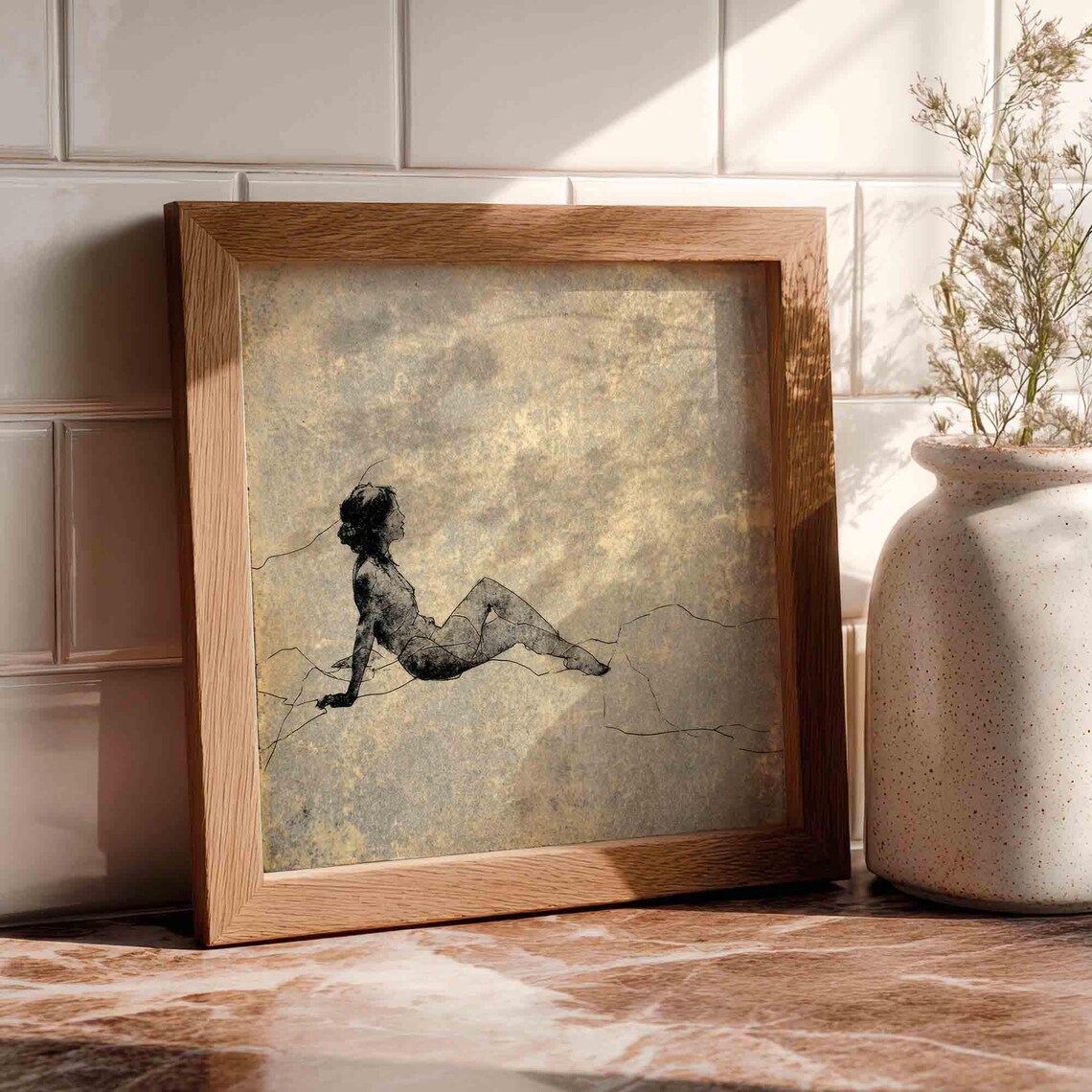 Line Art Woman On Taupe Textured Canvas