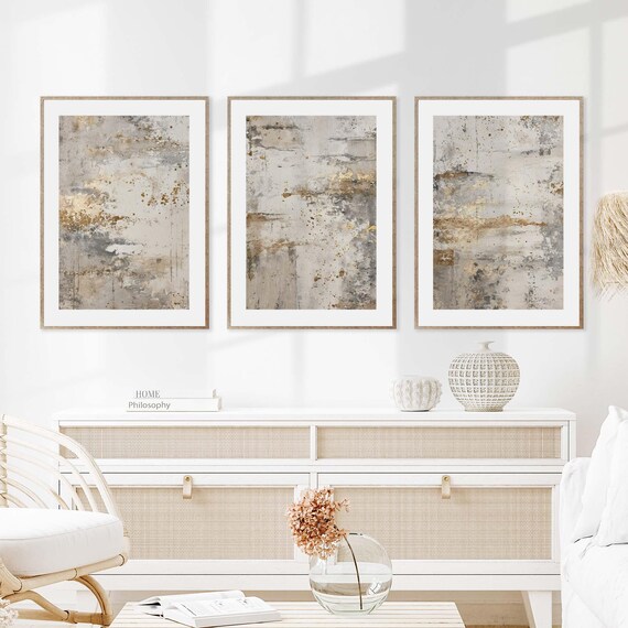 Soft Taupe Gold Splatter Abstract Prints Set
