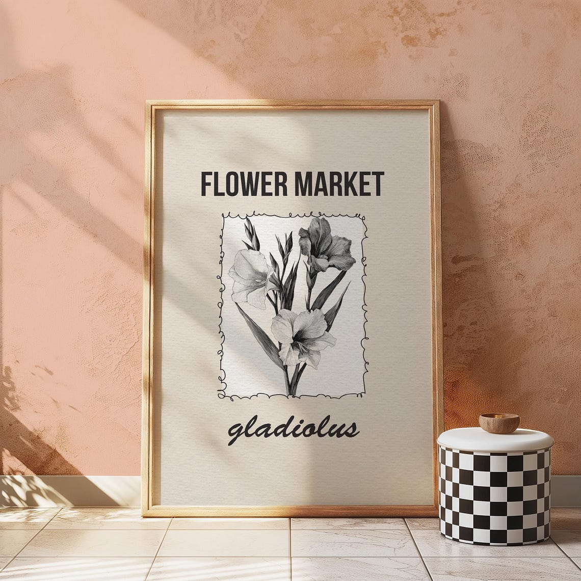 Flower Market Gladiolus Black White Botanical Vintage Style Poster