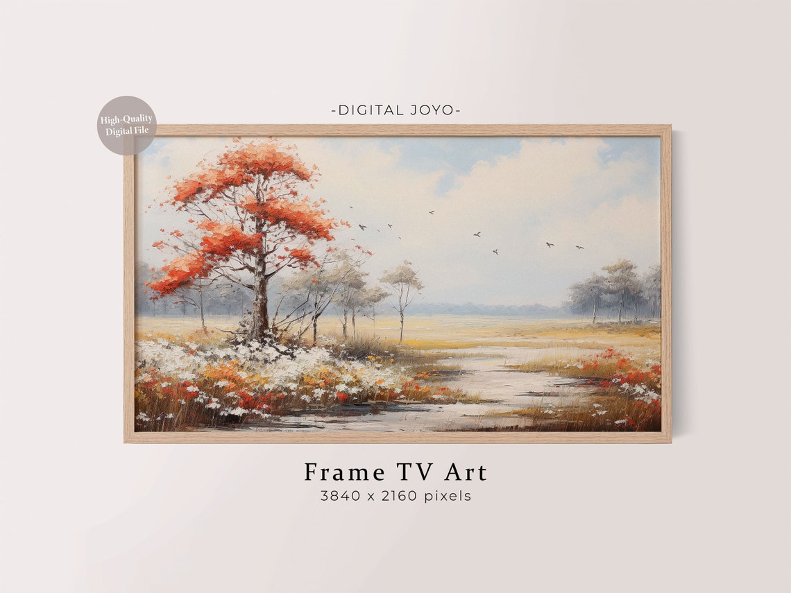 Autumn Oak Tree Red Foliage Stream Watercolor Landscape Poster Art