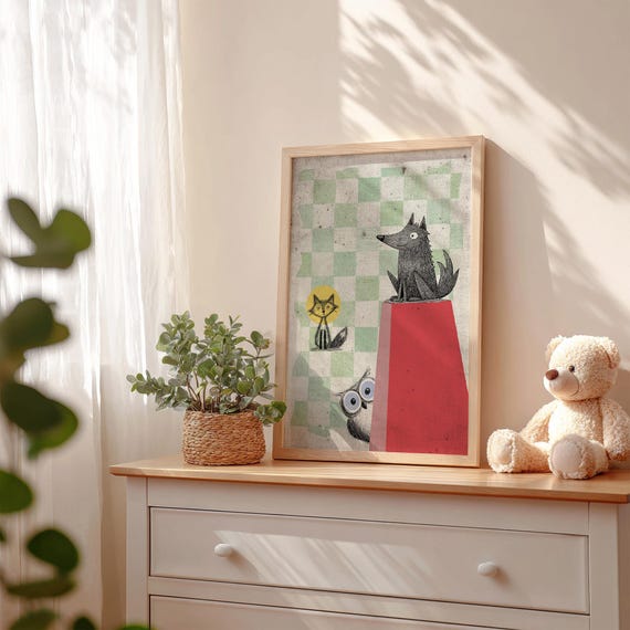 Wolf And Owl Funny Wall Art Retro Animal Poster