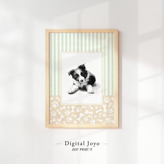 Sweet Border Collie Puppy Sketch Green Stripes Nursery Wall Art