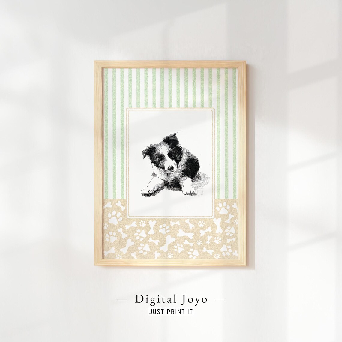 Sweet Border Collie Puppy Sketch Green Stripes Nursery Wall Art