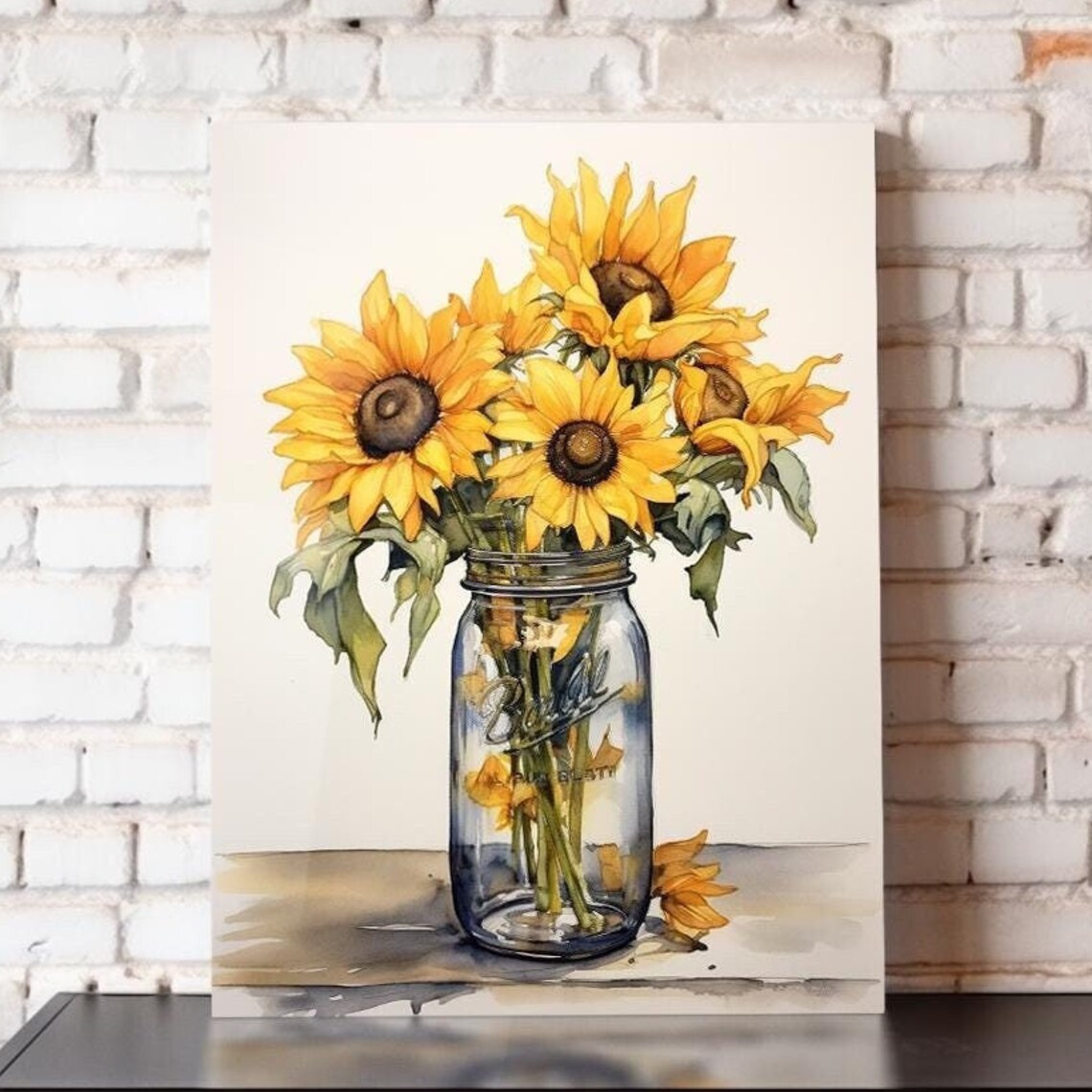 Sunflowers Mason Jar Bouquet Watercolor Farmhouse Floral Wall Poster