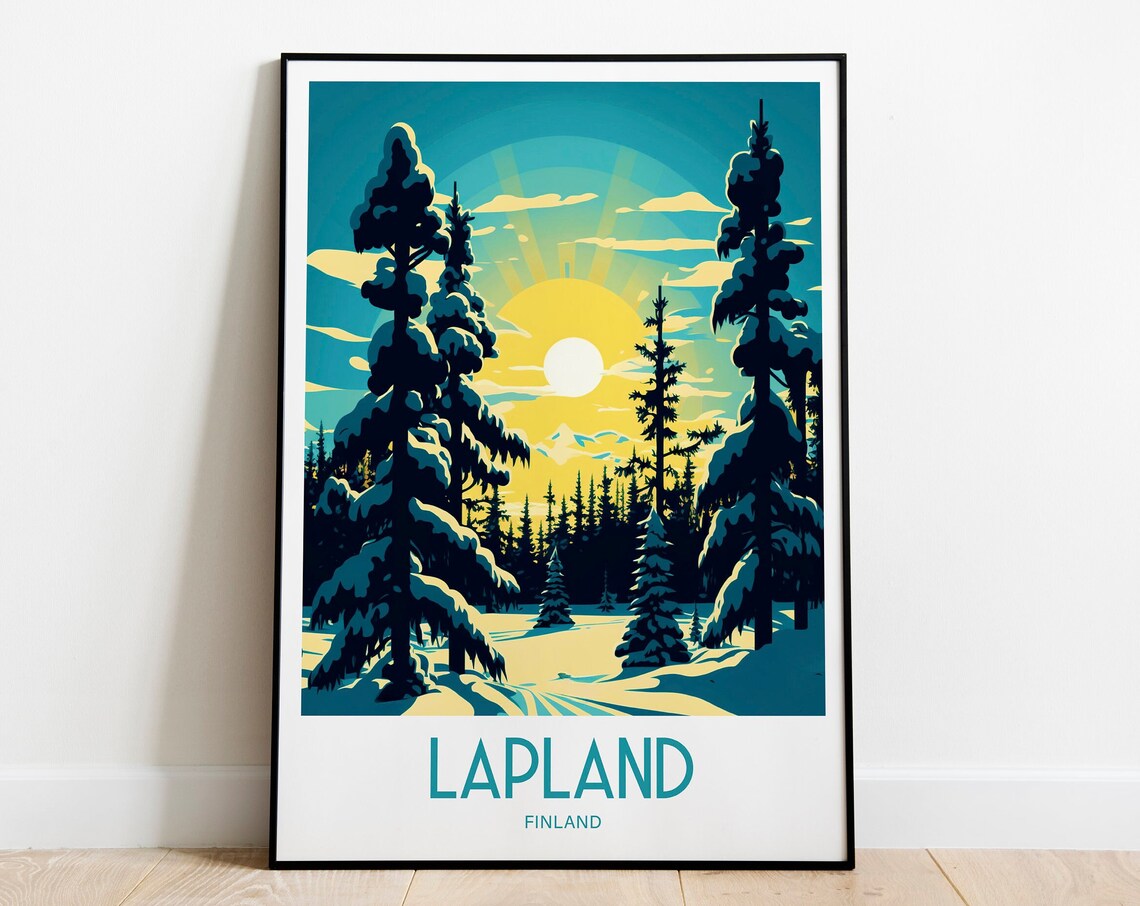 Lapland Finland Snowy Forest Sunrise Vintage Winter Travel Poster