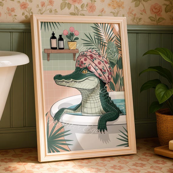 Gator Taking A Bath Bathroom Wall Print Funny Home Decor Trendy New Gifts