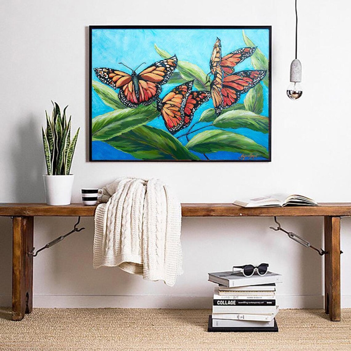 Monarch Butterflies Green Leaves Bright Blue Art Painting Poster - Image 3