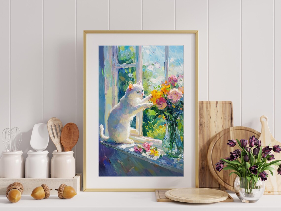 Whimsical White Cat and Flowers Oil-Painting Art Print - Image 3