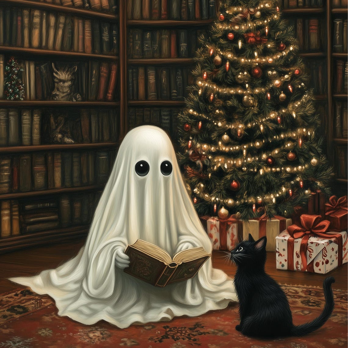 Cute Ghost Reading A Book To A Black Cat By The Christmas Tree Poster - Image 3