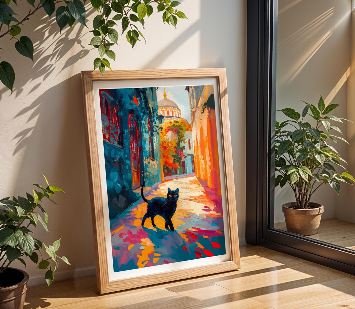Black Cat Istanbul Street Poster Colorful Domed Mosque Travel Art - Image 2