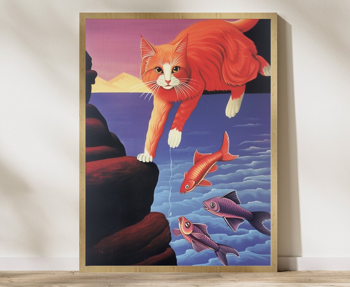 Orange Cat Fishing Poster Playful Ginger Cat Rocks Colorful Fish Art