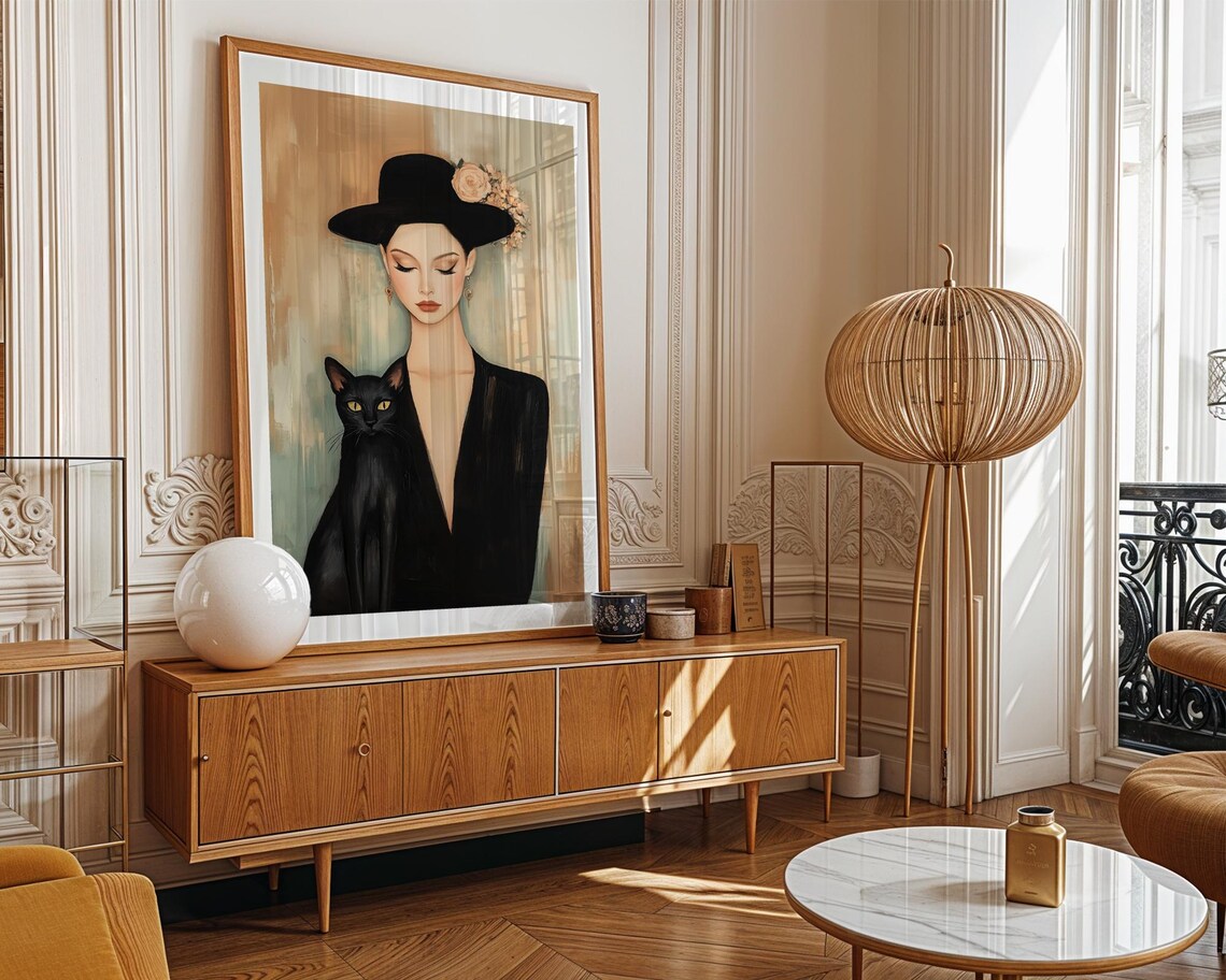 Elegant Woman With Floral Hat And Black Cat Modern Vintage Style Poster - Image 2