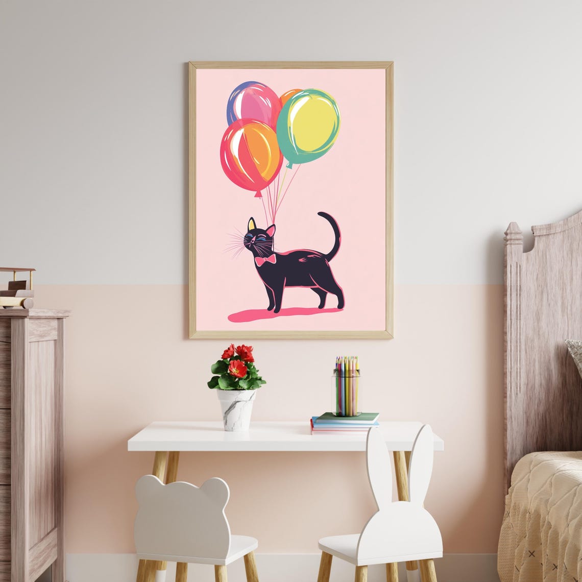 Chic Black Cat In Pink Bow Tie Floating With Balloons Poster - Image 2