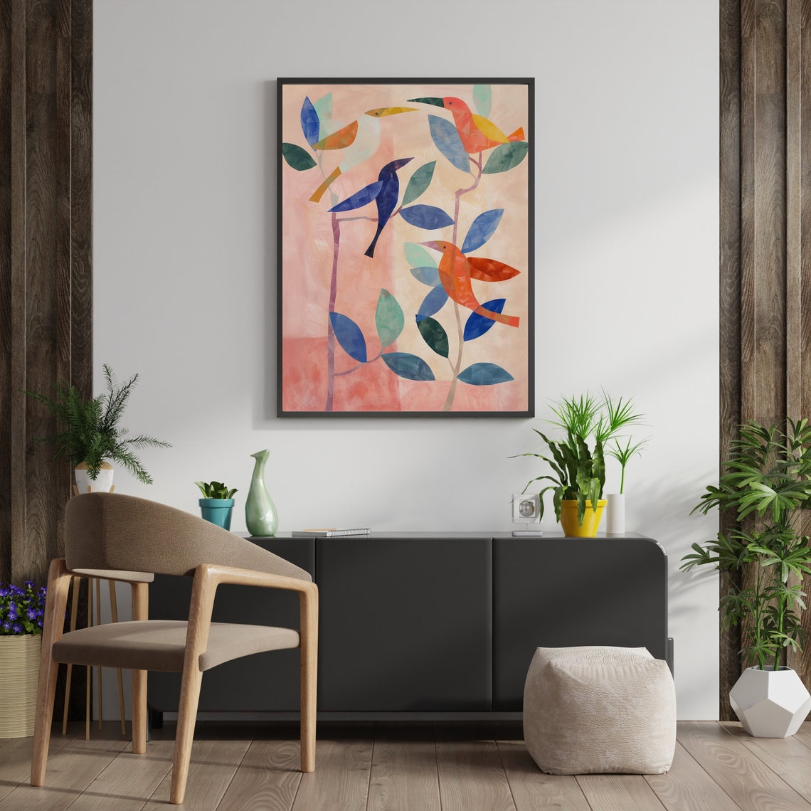 Colorful Geometric Birds on Branches Abstract Modern Botanical Poster - Image 3