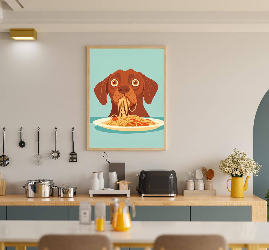 Adorable Brown Dog Slurping Spaghetti Dinner Retro Kitchen Poster - Image 3