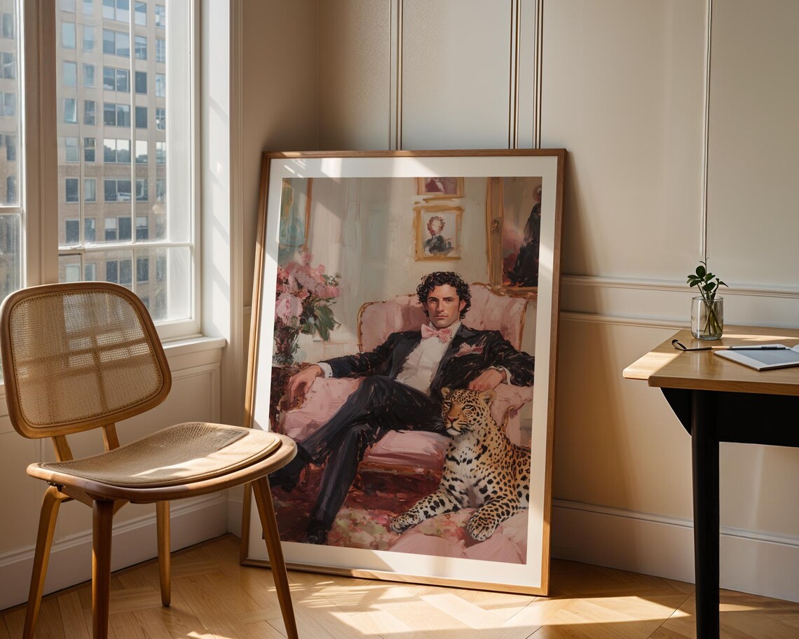 Gentleman In Tuxedo With Leopard Classic Oil Painting Style Poster - Image 2