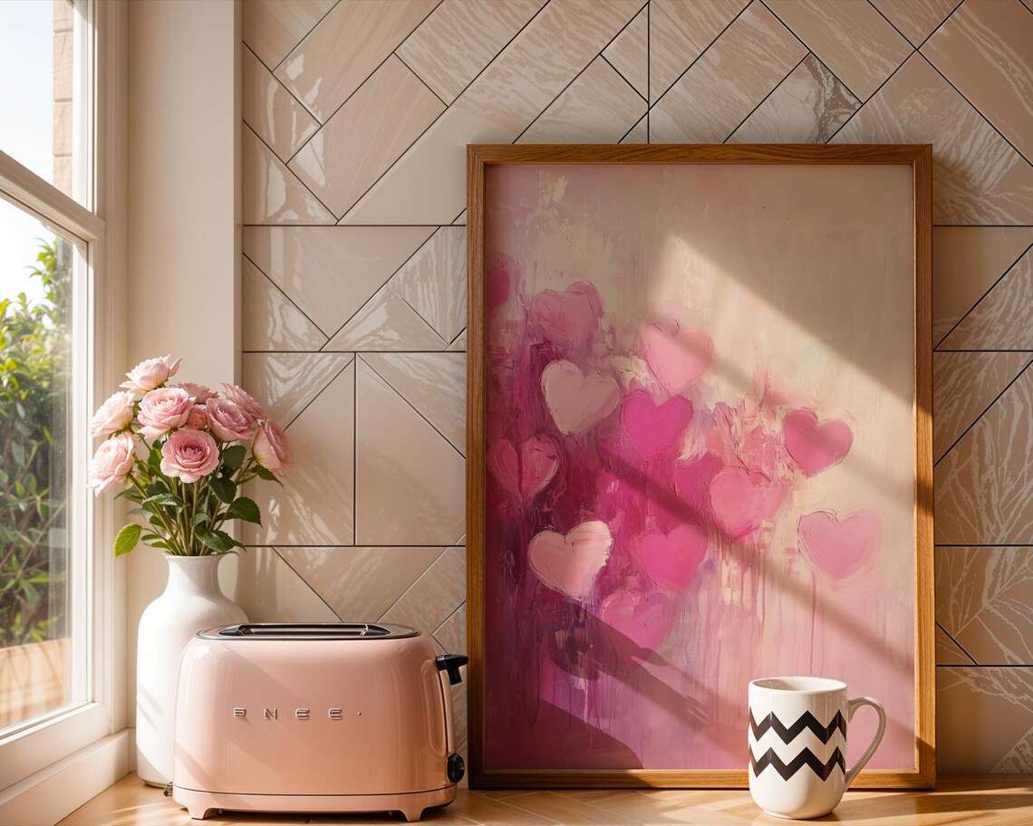 Pink Heart Valentine Wall Art, Modern Heart Art Print - Image 3