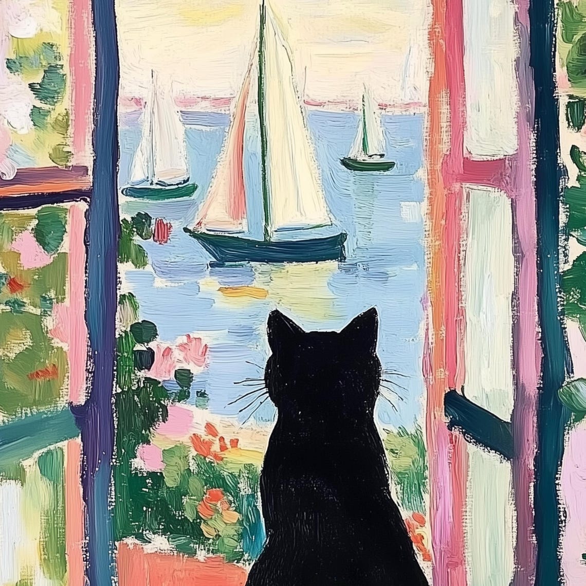 Black Cat On Sunny Windowsill Watching Sailboats Artistic Poster - Image 3