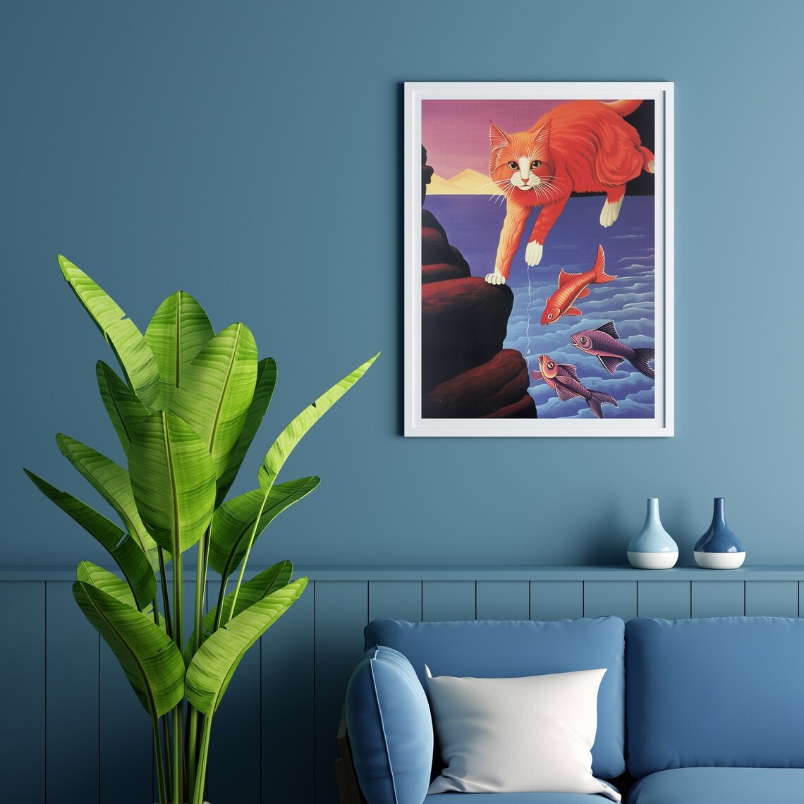 Orange Cat Fishing Poster Playful Ginger Cat Rocks Colorful Fish Art - Image 2