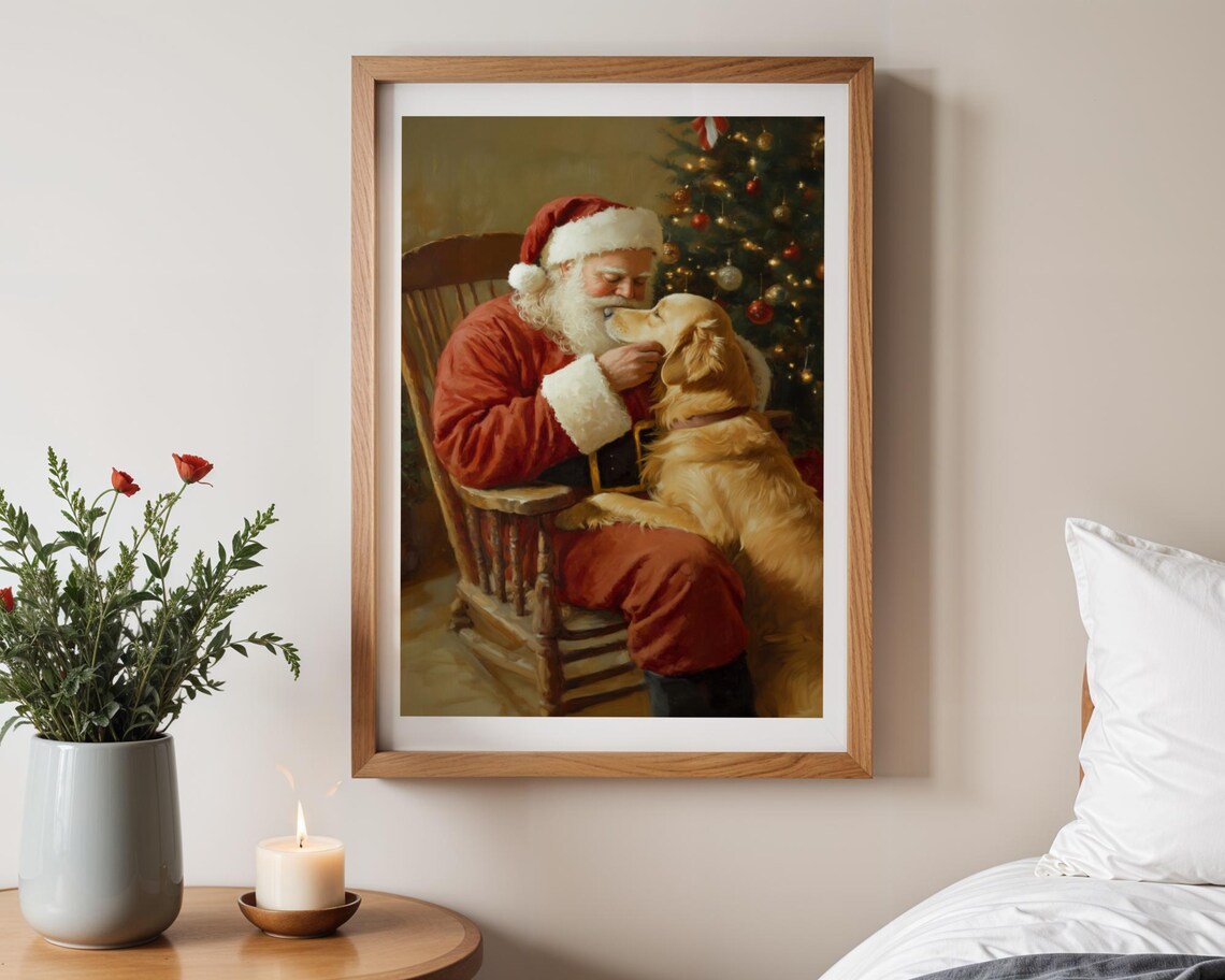 Santa Claus Cuddling A Golden Retriever Warm Vintage Christmas Poster - Image 2