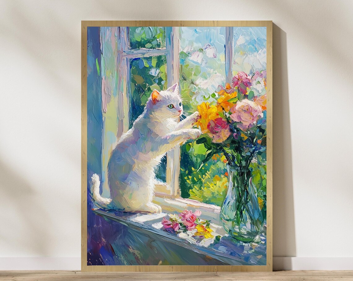 Whimsical White Cat and Flowers Oil-Painting Art Print