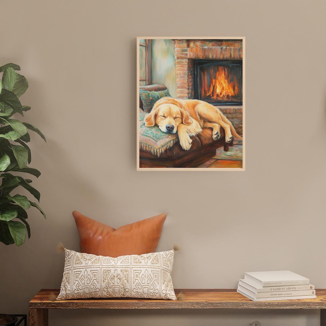 Sleeping Golden Retriever by the Fireplace Cozy Oil Painting Poster - Image 2