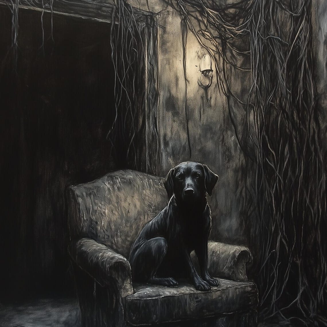 Gothic Black Dog Moody Poster Dark Armchair Haunted Vines Room Art - Image 3