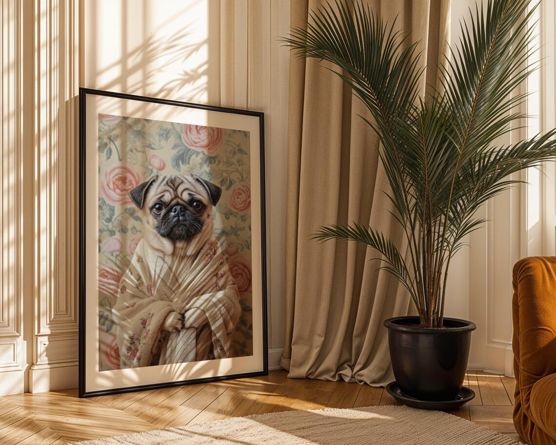 Pug Dog In A Floral Bathrobe Cute Vintage Rose Wallpaper Pet Poster - Image 2