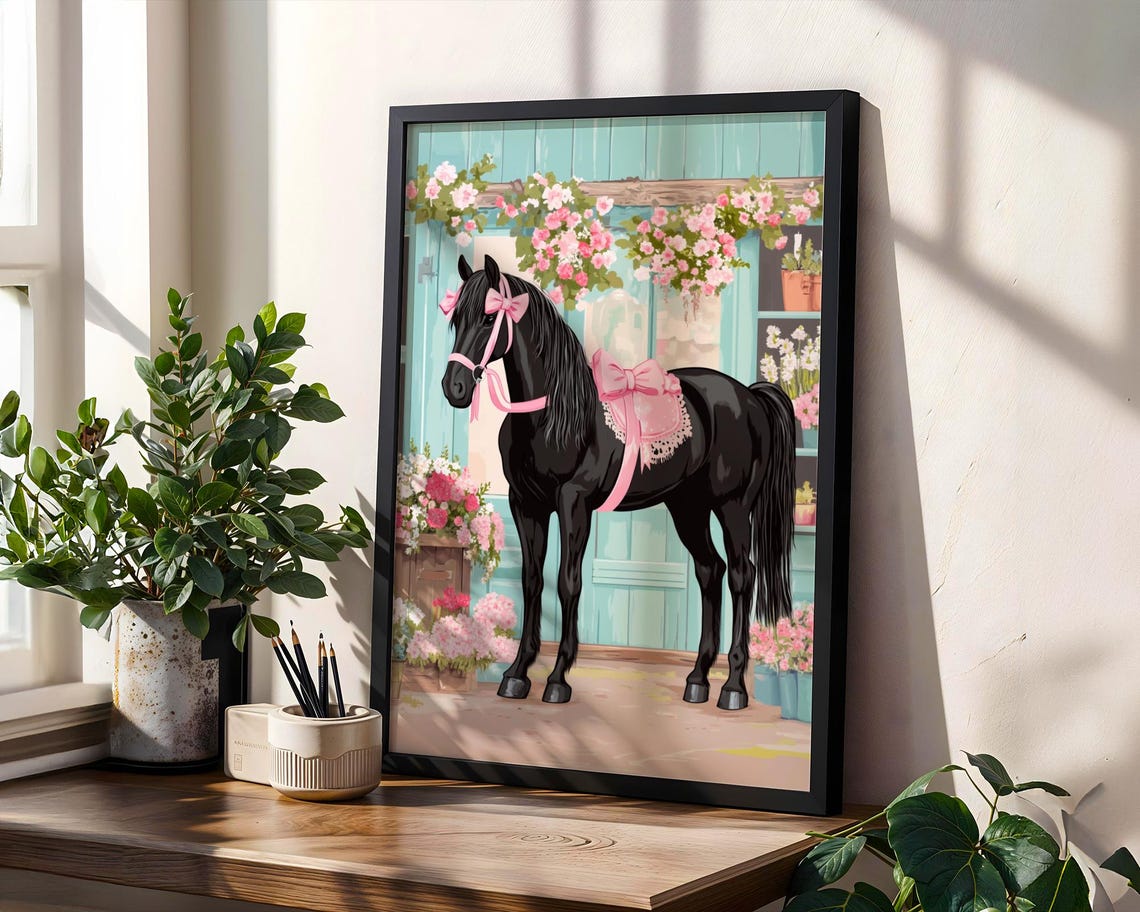 Black Horse With Pink Ribbons Floral Wall Decor For Bedrooms Trendy Animal Art Horse And Floral Black Horse Art Horse - Image 2