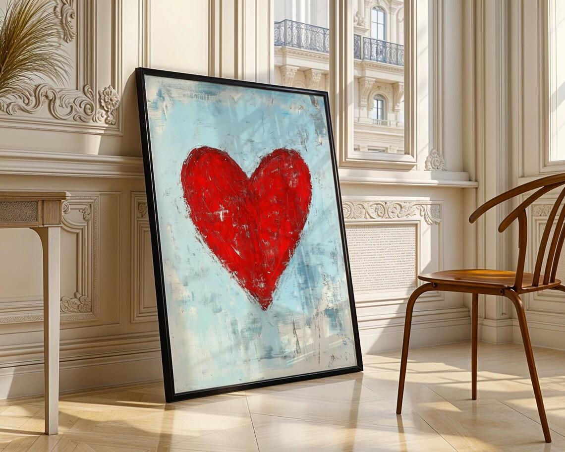Textured Red Heart on Distressed Blue Impasto Modern Art Poster - Image 3