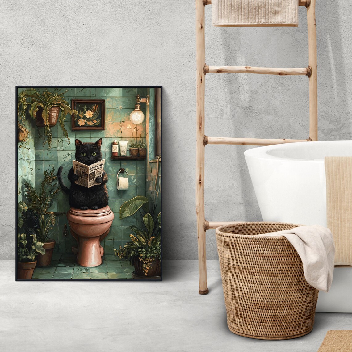 Vintage Black Cat Bathroom Wall Art, Funny Decor - Image 2