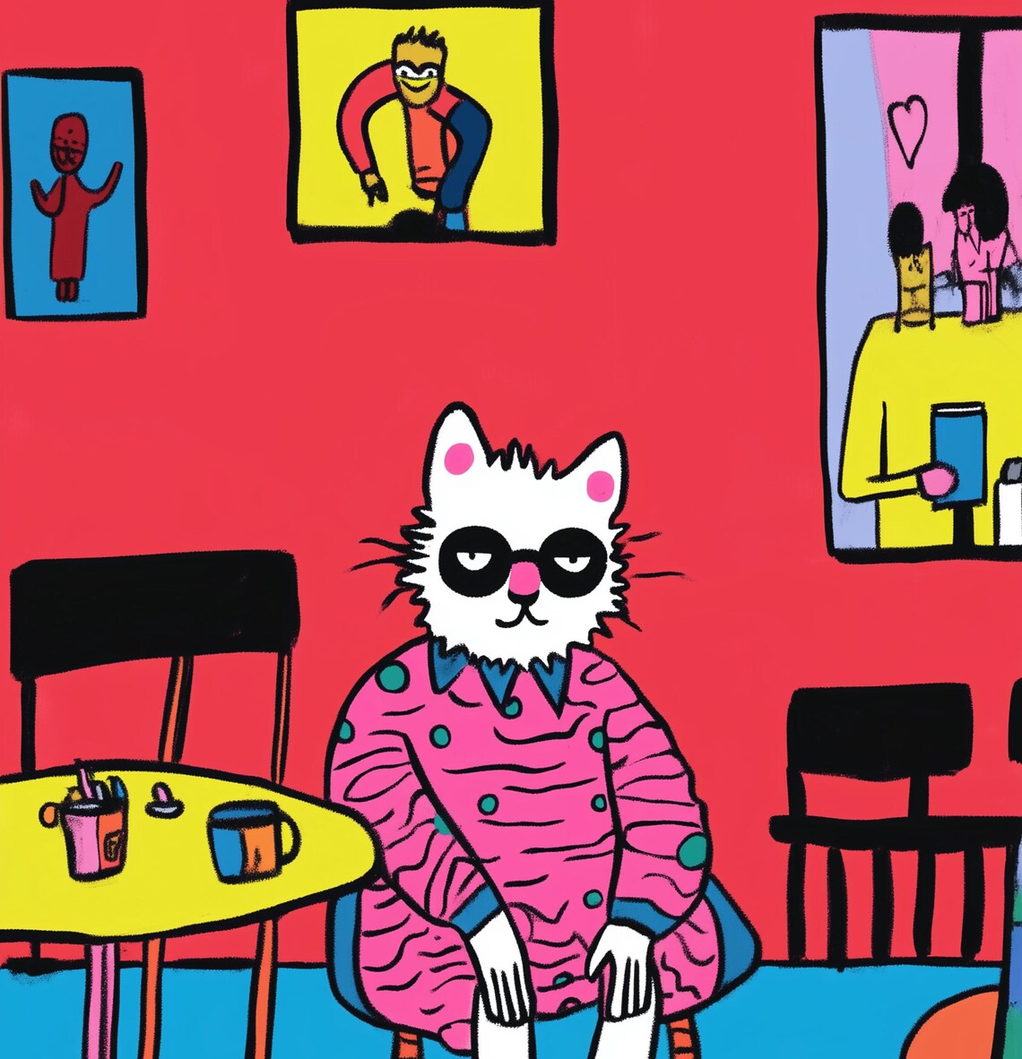 Funky White Cat Retro Pop Art Poster Pink Pajamas Cozy Cafe Scene - Image 3