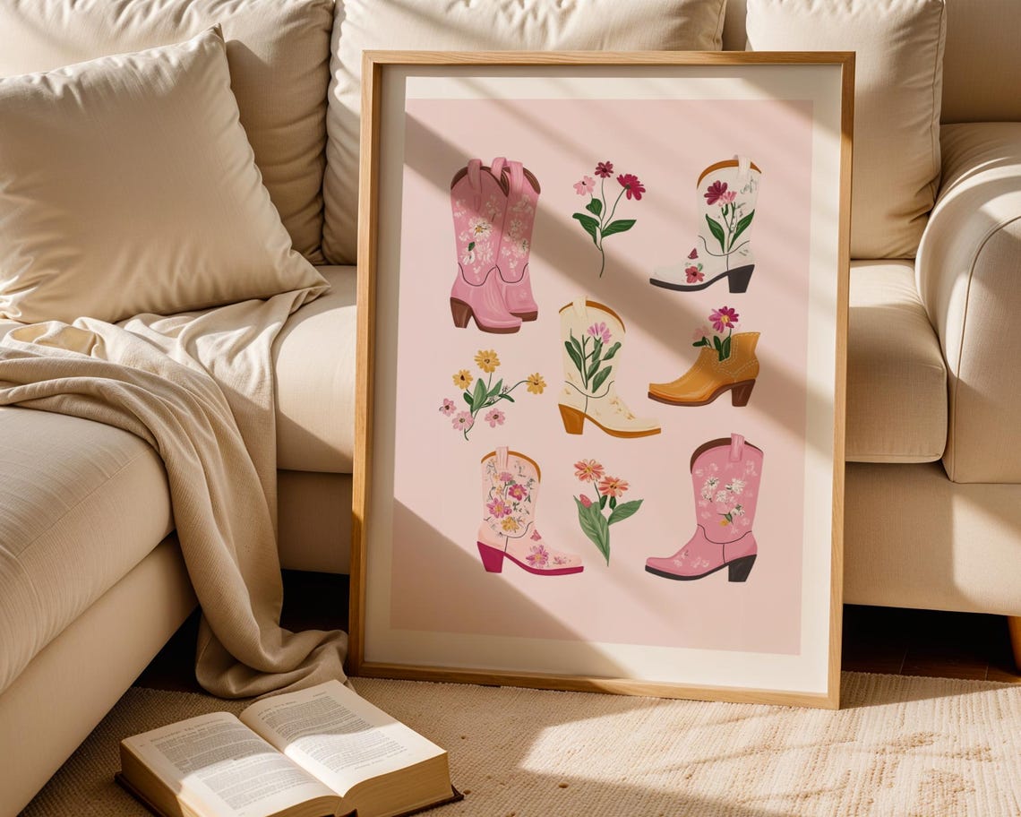 Six Floral Cowboy Boots Pink White Mustard Western Boot Art Poster - Image 2