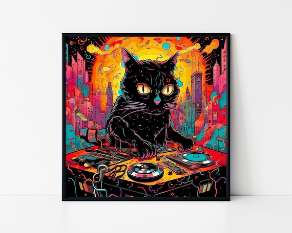 Black Cat DJ Turntables Psychedelic City Neon Music Party Poster