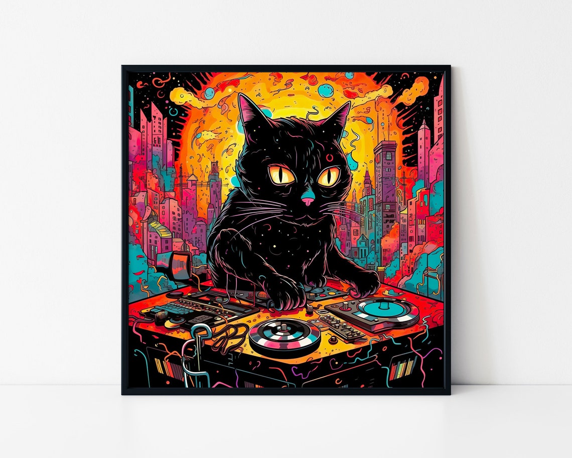 Black Cat DJ Turntables Psychedelic City Neon Music Party Poster