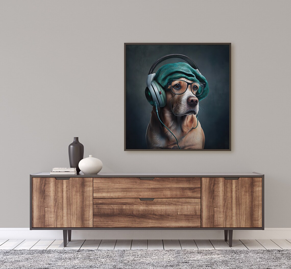 Hipster Dog Headphones Glasses Beanie Funny Pet Portrait Poster - Image 2