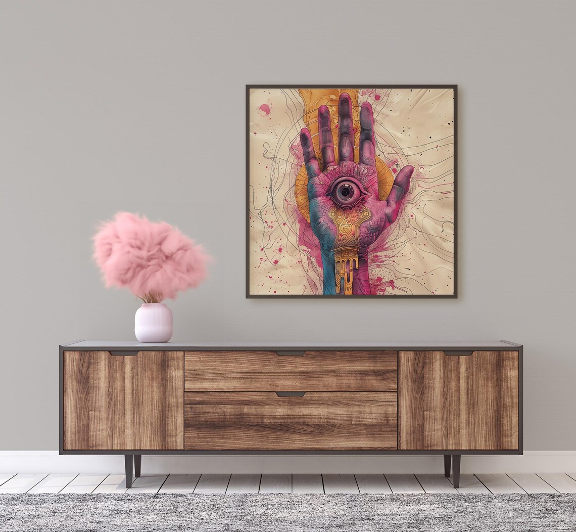 Minimalist Hand With Eye Surreal Pink Watercolor Mystic Poster - Image 2