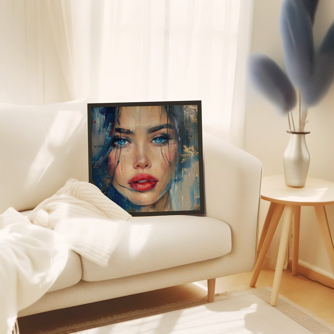 Blue Eyed Woman Portrait Red Lips Oil Painting Beauty Art Poster - Image 3
