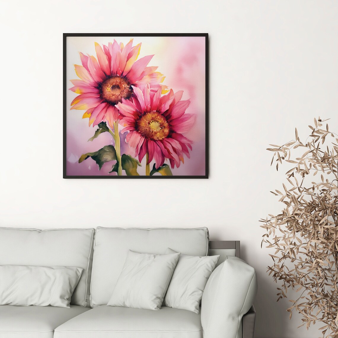 Pink Sunflowers Watercolor Pair Soft Floral Blossom Art Poster - Image 5