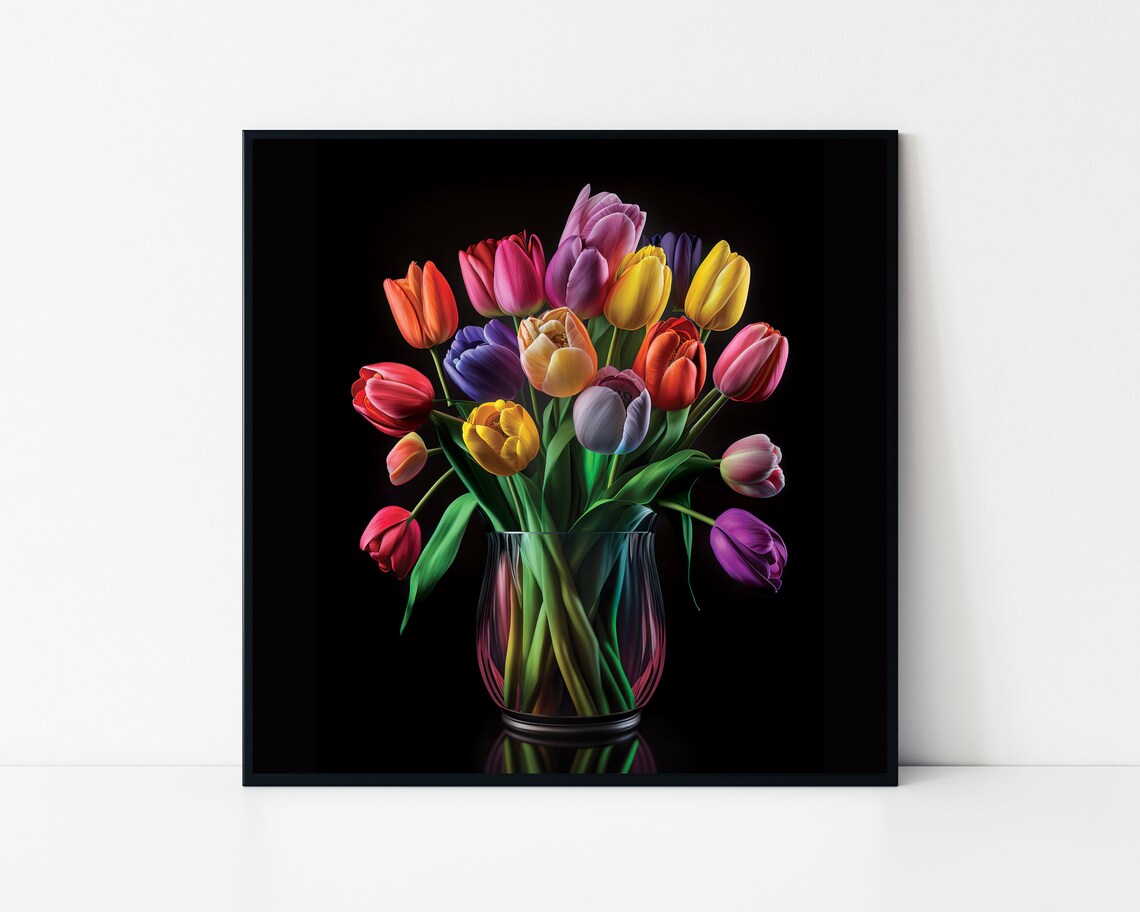 Colorful Tulip Bouquet Glass Vase Dark Moody Floral Still Life Poster