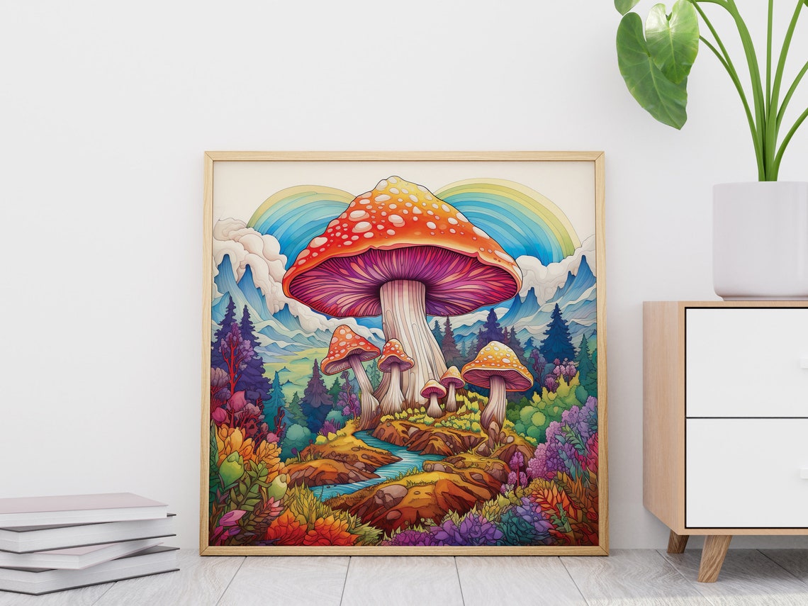 Psychedelic Giant Mushroom Rainbow Mountain Trippy Forest Poster - Image 4