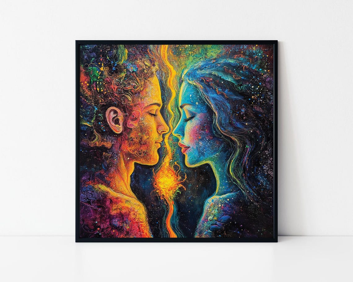 Cosmic Lovers Psychedelic Couple Galaxy Embrace Romantic Art Poster