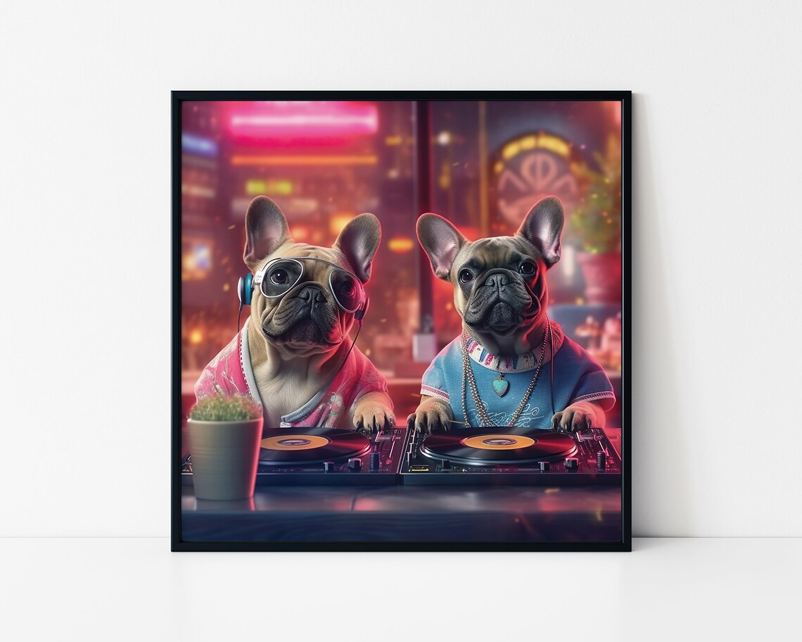 Cool Bulldogs Djs Playing Music In A Club Framed Poster Two French Bulldogs As Dj Dogs Lovers Bulldogs Djs Rave Techno Dogs Wall Art