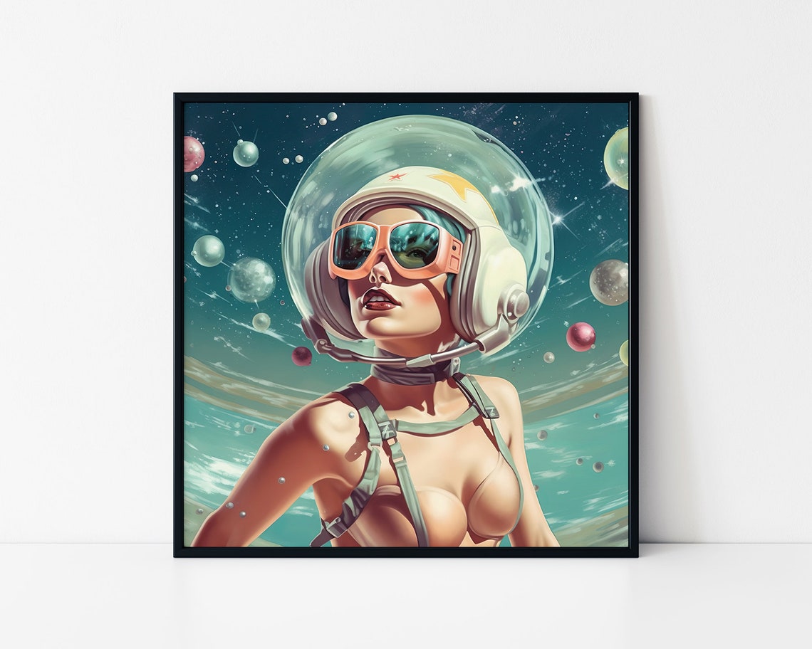 Retro Pinup Woman Astronaut In Space Helmet Vintage Sci Fi Poster