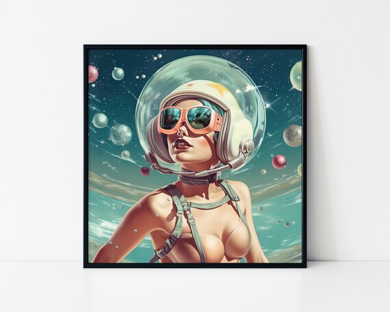 Retro Pinup Woman Astronaut In Space Helmet Vintage Sci Fi Poster